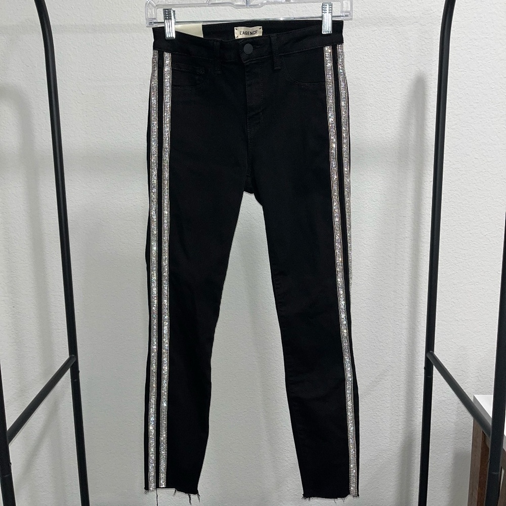L'AGENCE | Margot Rhinestone Crystal-Stripe High-Rise Skinny Jeans in Black | 25 - Picture 8 of 14